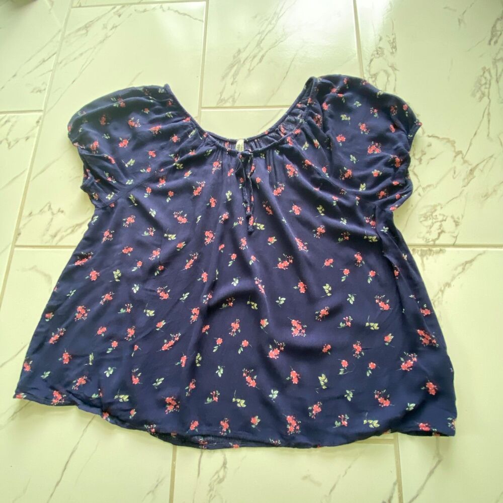 Xhudd Women XXL Navy Blue Floral Tie Neck Short Sleeve Blouse Top
